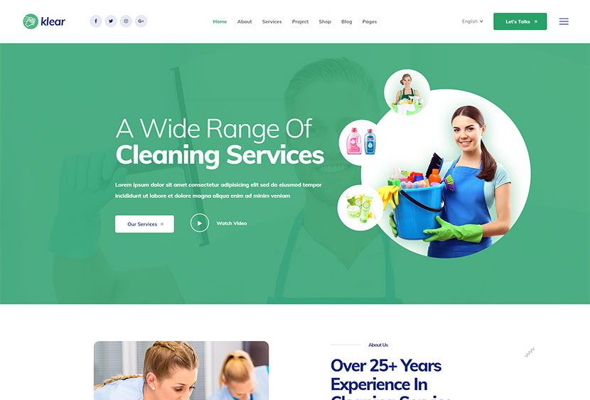 Klear - Thème WordPress pour entreprise de services de nettoyage + RTL