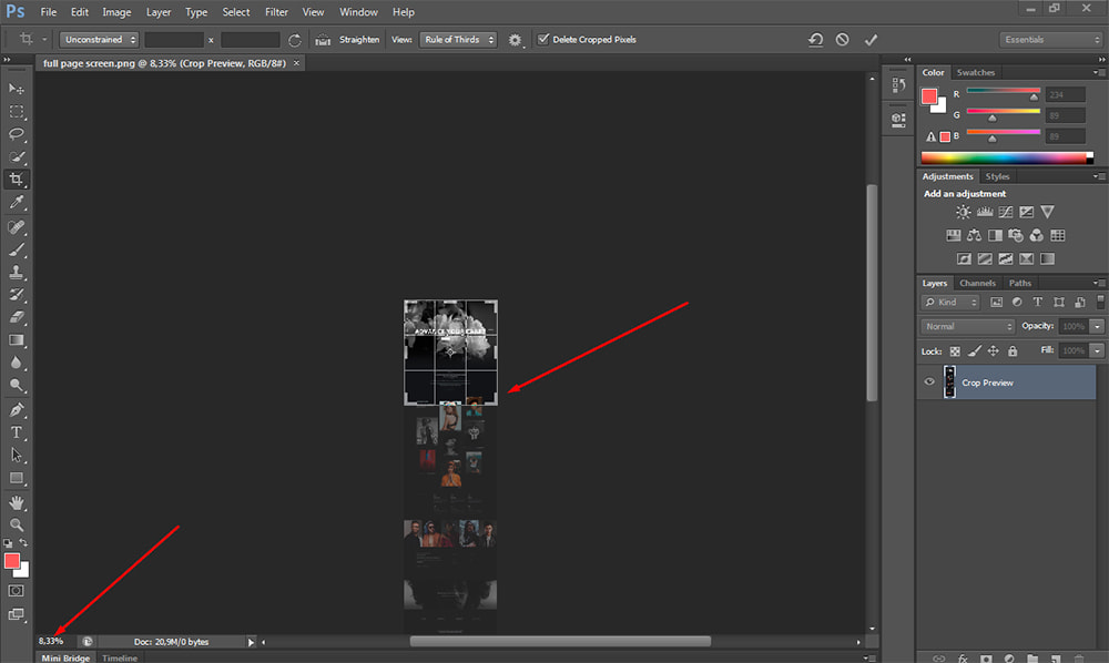 taglia l'immagine e ridimensiona Photoshop