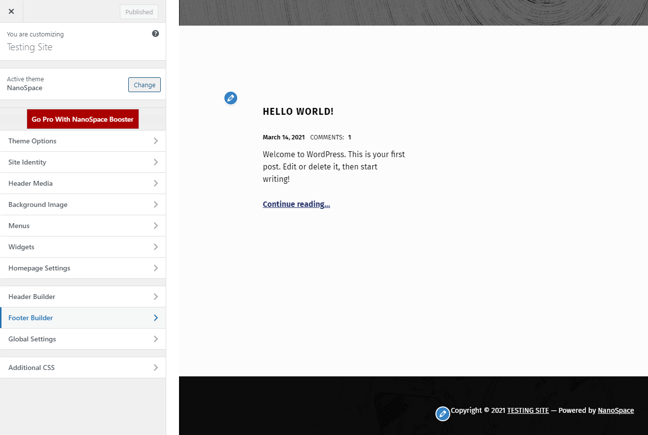 WordPress (2022) 4에서 바닥글을 변경하는 방법 nanospace customizer footer example