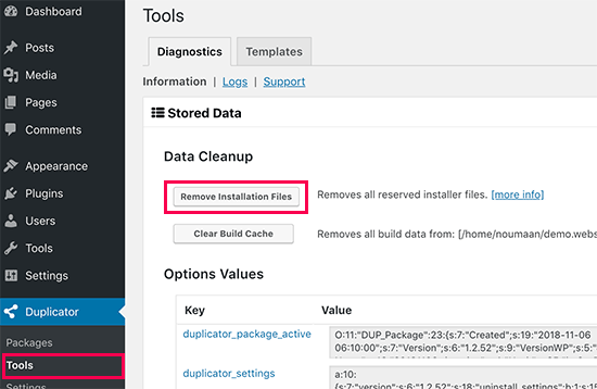 WordPress 사이트를 복제하고 준비하는 방법 (2022) 9 plugin page with remove temporary files option