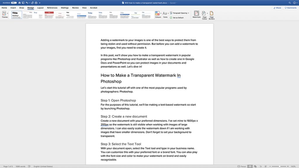 Öffnen der Registerkarte Design in Microsoft Word