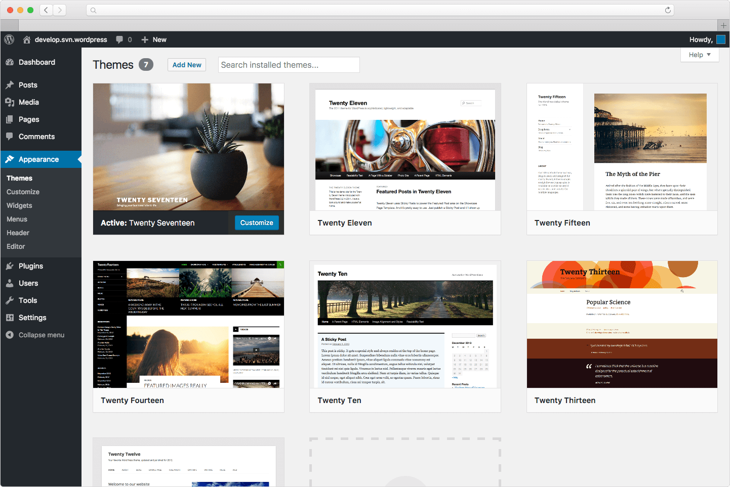 Temas padrão do WordPress - captura de tela do back-end