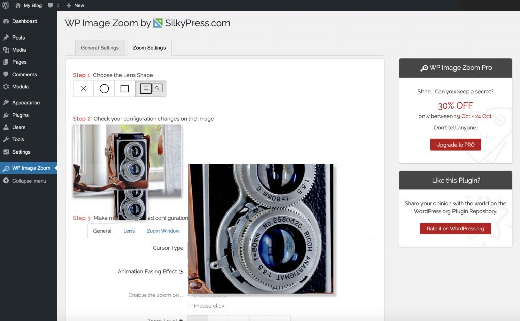 Plugin de edição de fotos WP Image Zoom - interface