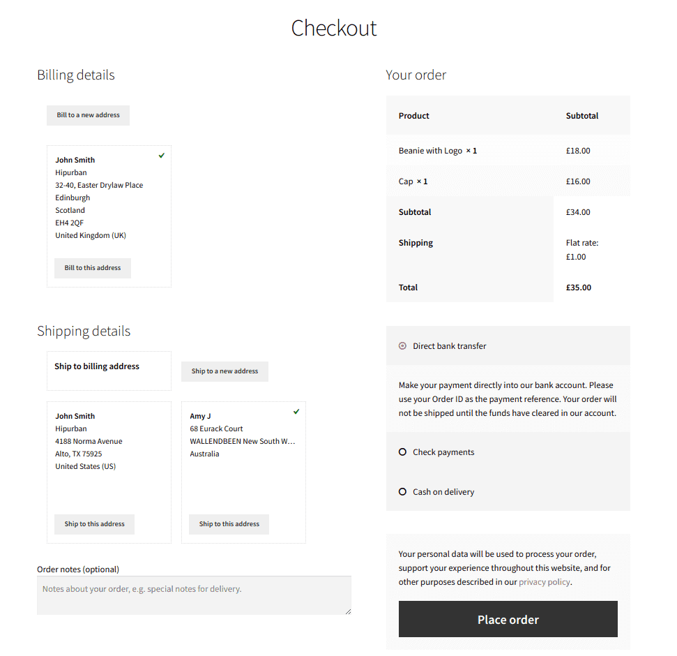 العناوين المحفوظة لصفحة الخروج من WooCommerce