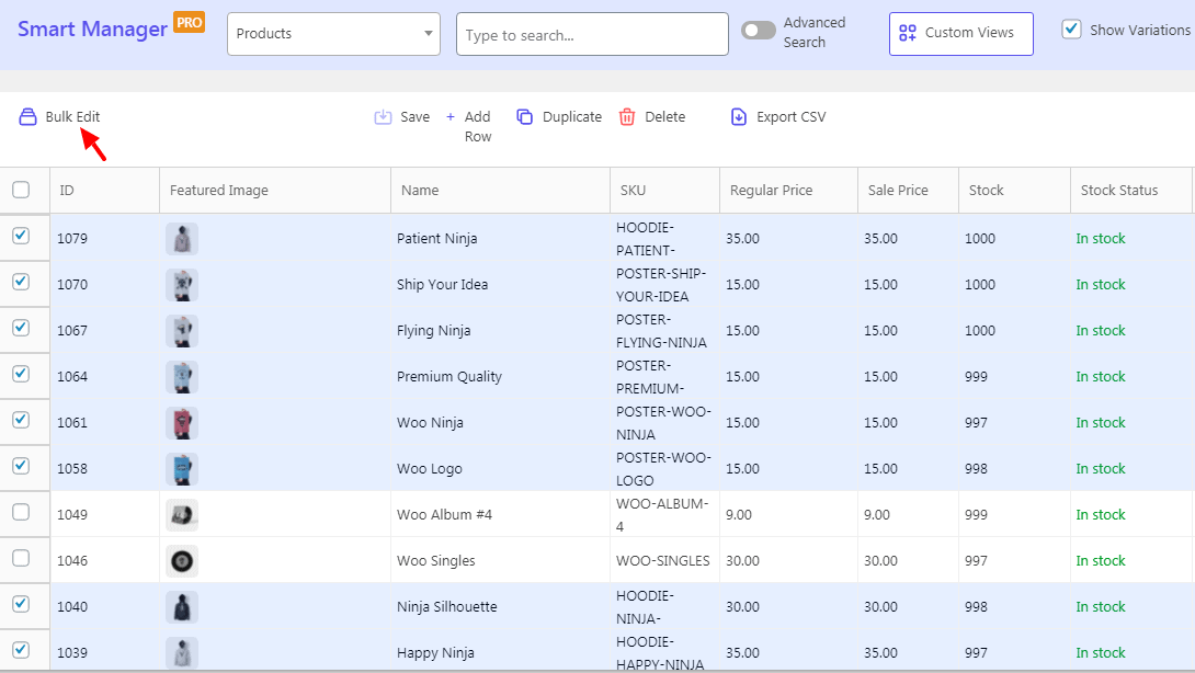 Painel de produtos do Smart Manager