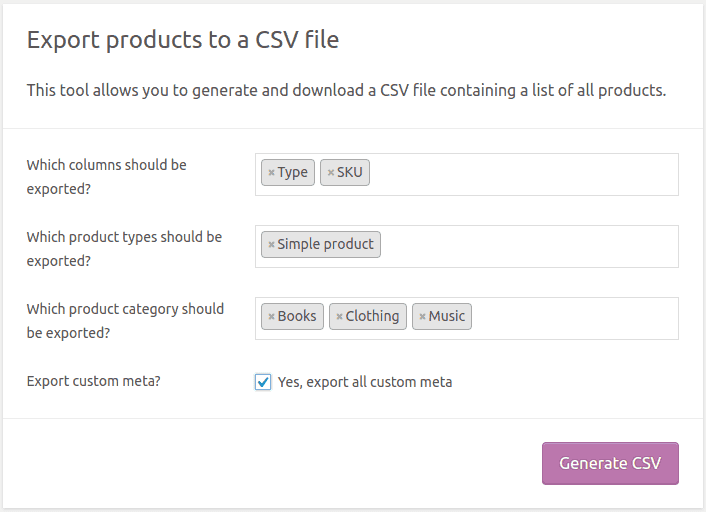 WooCommerce 导出产品 csv 默认