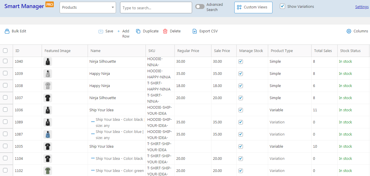 Tableau de bord des produits WooCommerce Smart Manager