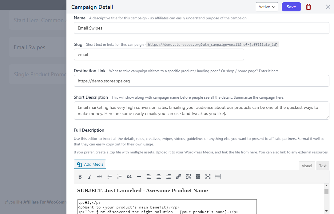Creați campanie de marketing afiliat WooCommerce