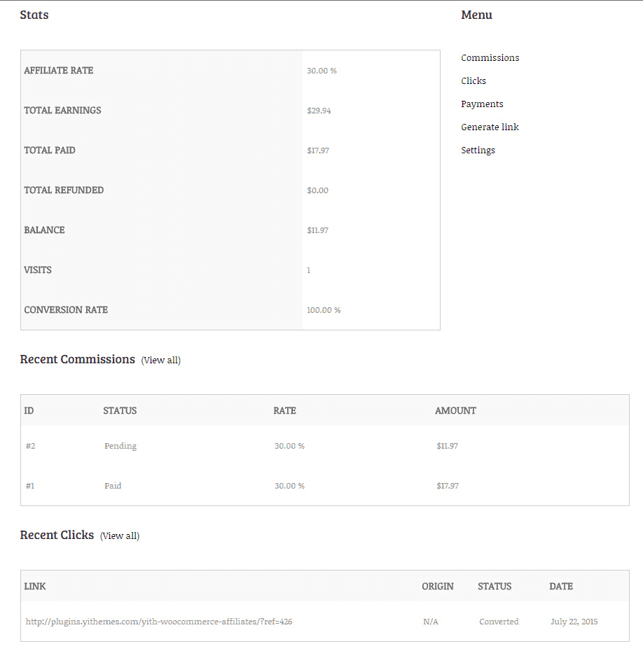 Tabloul de bord YITH WooCommerce Affiliates
