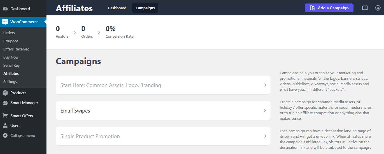 Tabloul de bord afiliat pentru campaniile WooCommerce