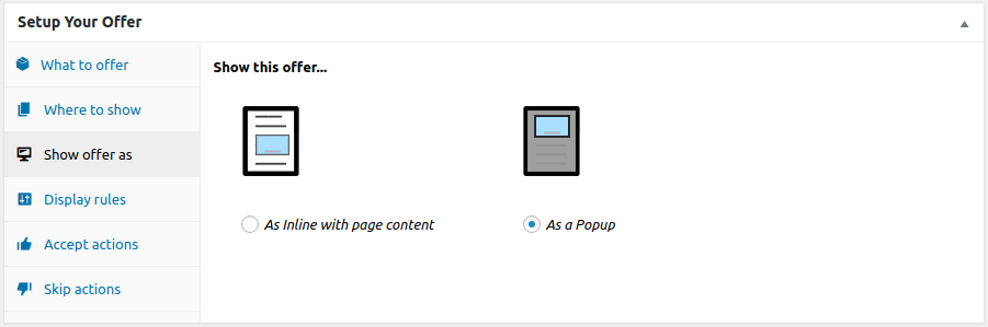 Choisissez popup ou inline pour afficher la vente croisée
