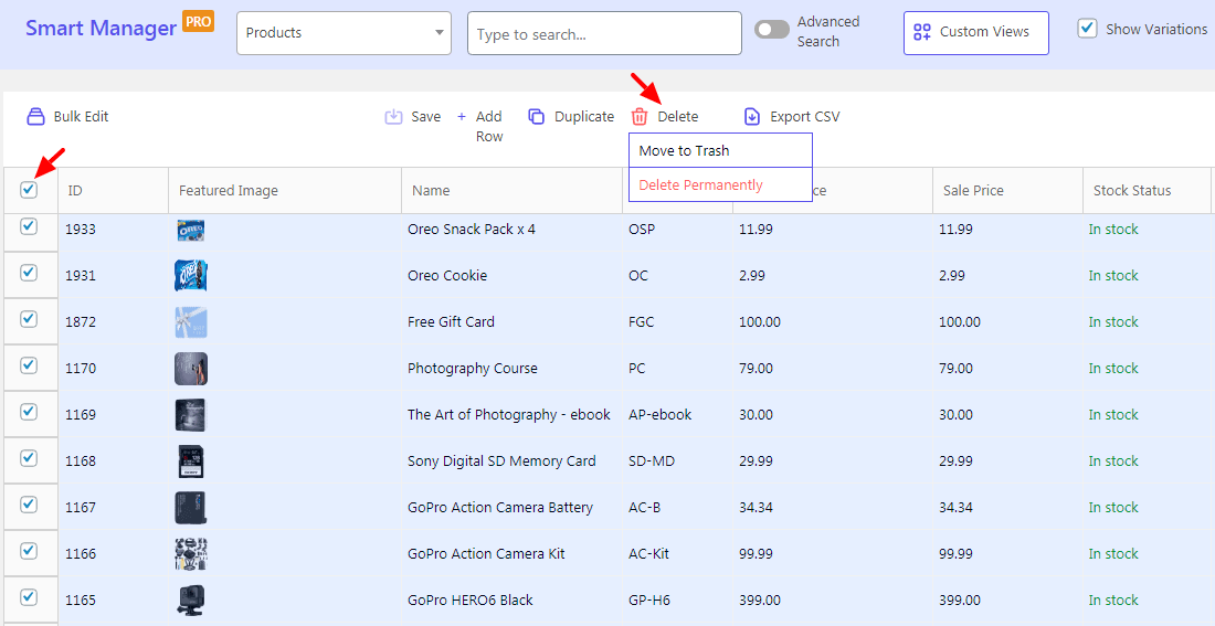 WooCommerce elimina tutti i prodotti utilizzando Smart Manager