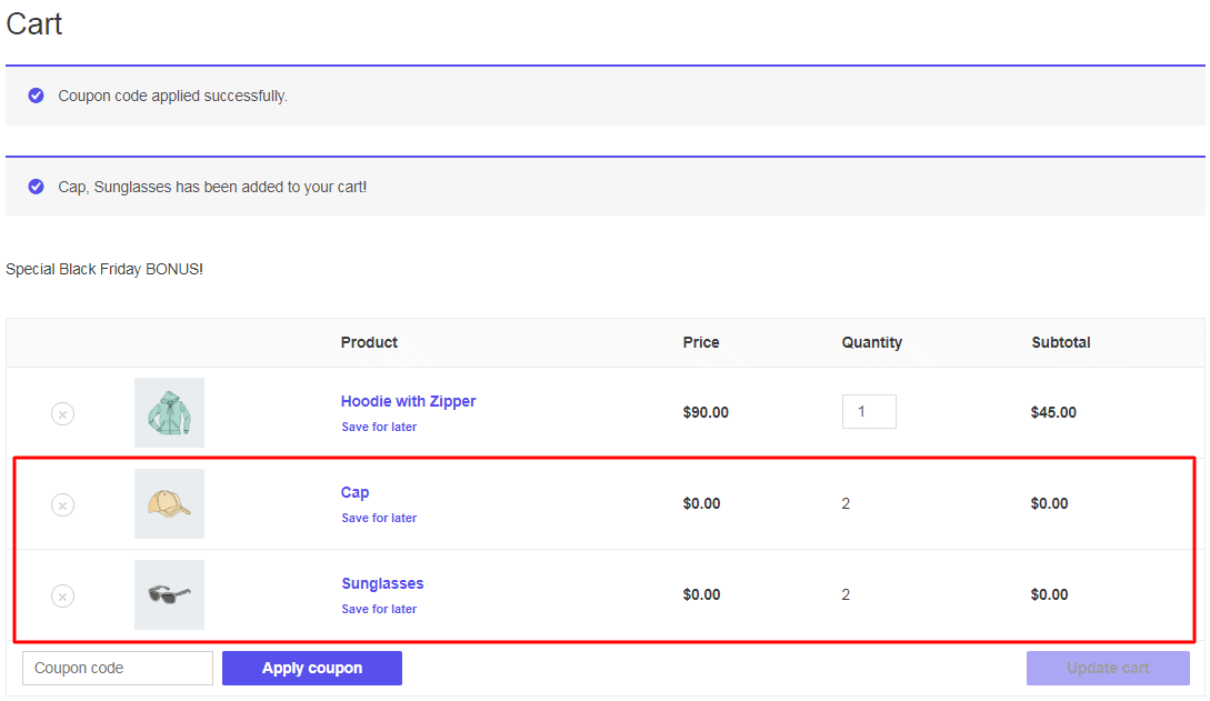 Подарочные товары WooCommerce добавлены в корзину