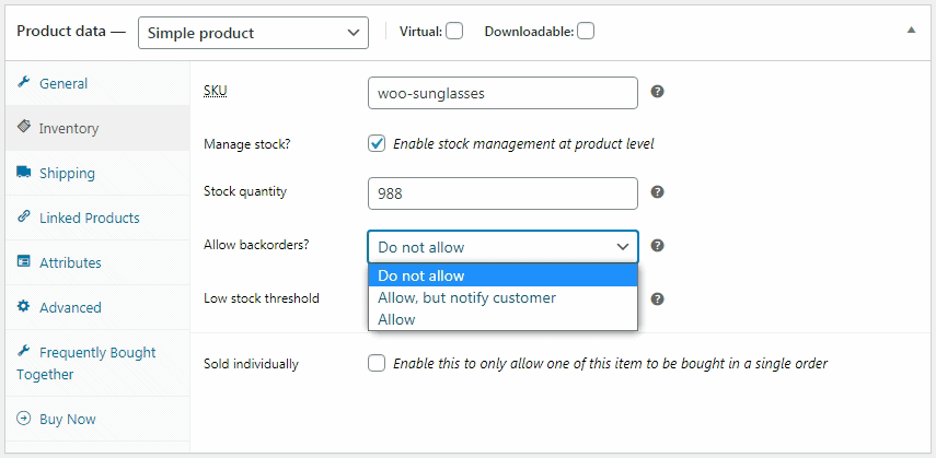 デフォルトの WooCommerce バックオーダー管理