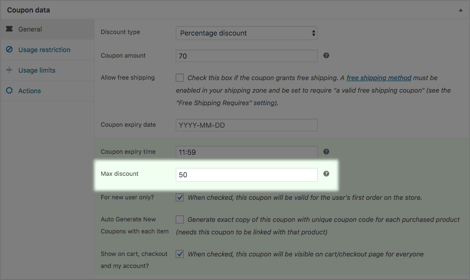 Imposta limite massimo di sconto coupon