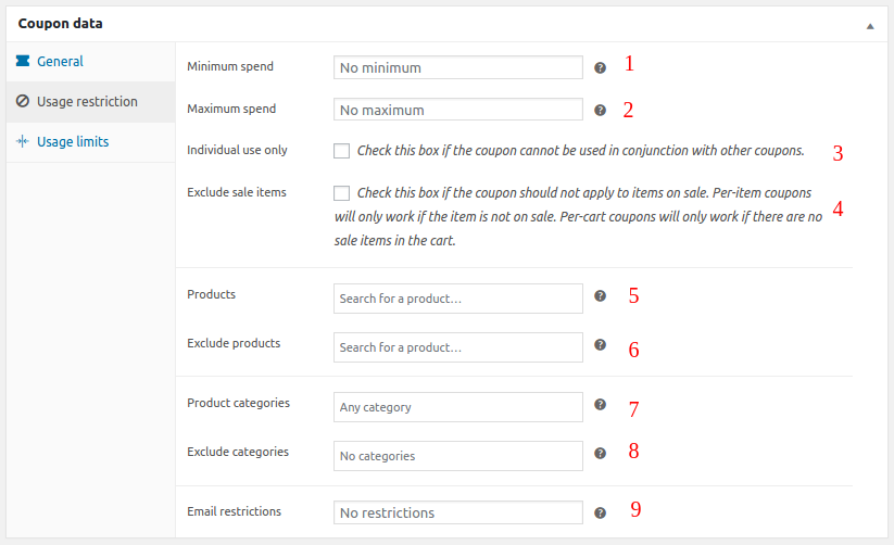 I coupon WooCommerce impostano le restrizioni sull'utilizzo dei coupon