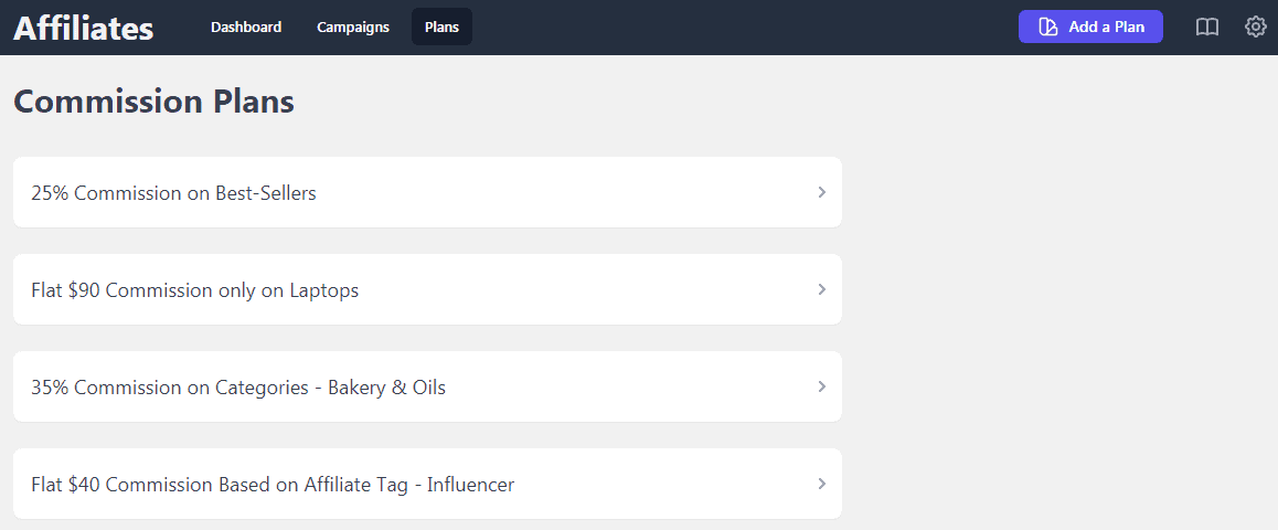 Affiliati alla dashboard dei piani di commissione del plugin WooCommerce