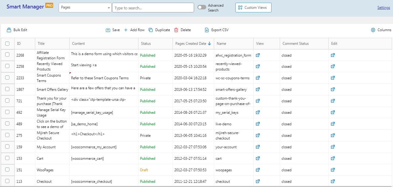 Представление электронной таблицы столбцов администратора WordPress Smart Manager