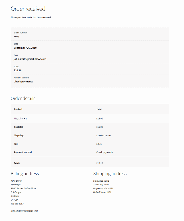 Standardseite für erhaltene WooCommerce-Bestellung