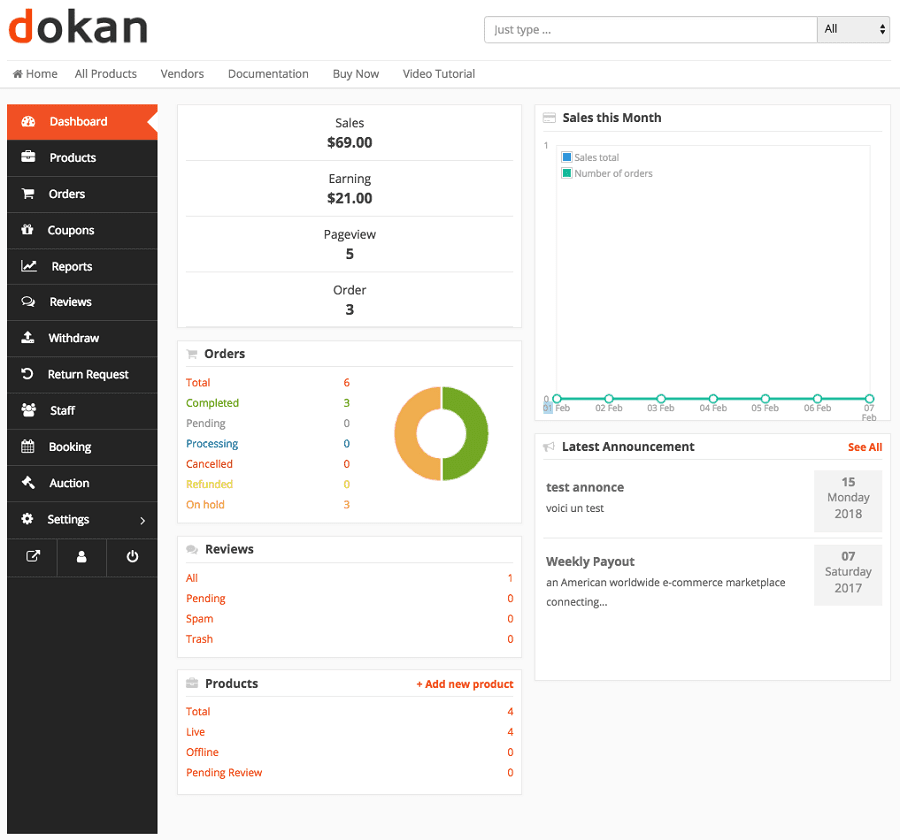 لوحة معلومات نظرة عامة على Dokan Multivendor