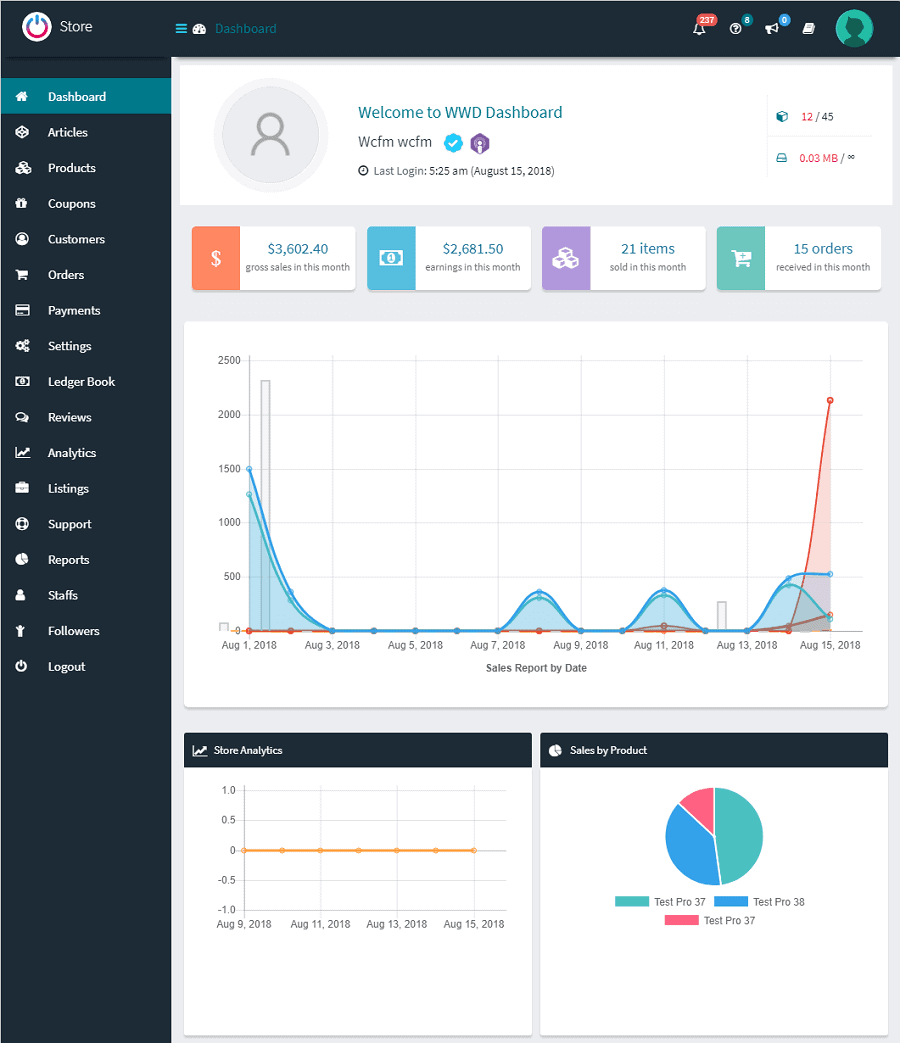 لوحة تحكم WCFM Frontend Manager