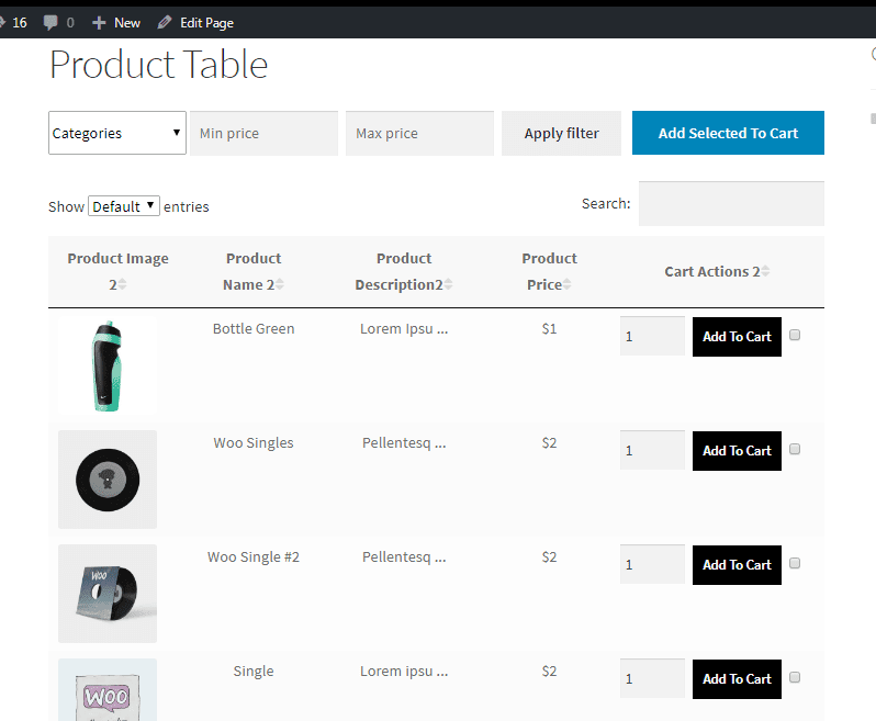 Tabel Produk untuk plugin WooCommerce