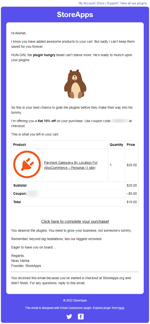 настроенное электронное письмо об отказе от корзины AutomateWoo
