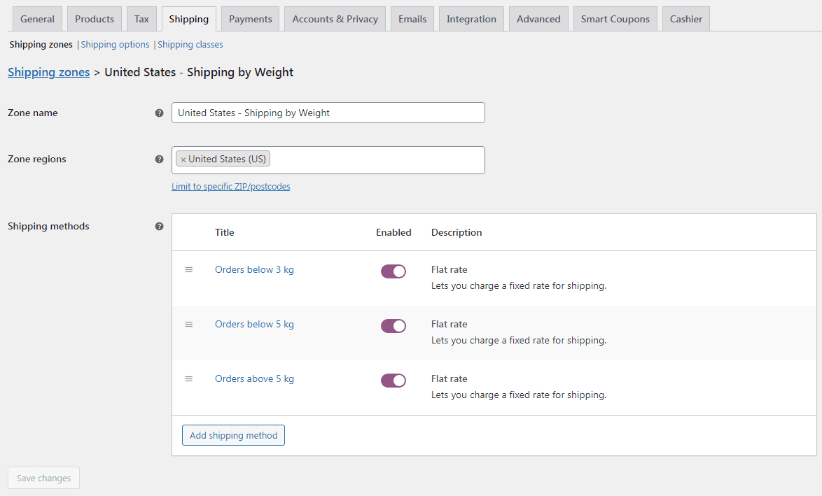 شحن WooCommerce حسب إعداد الوزن