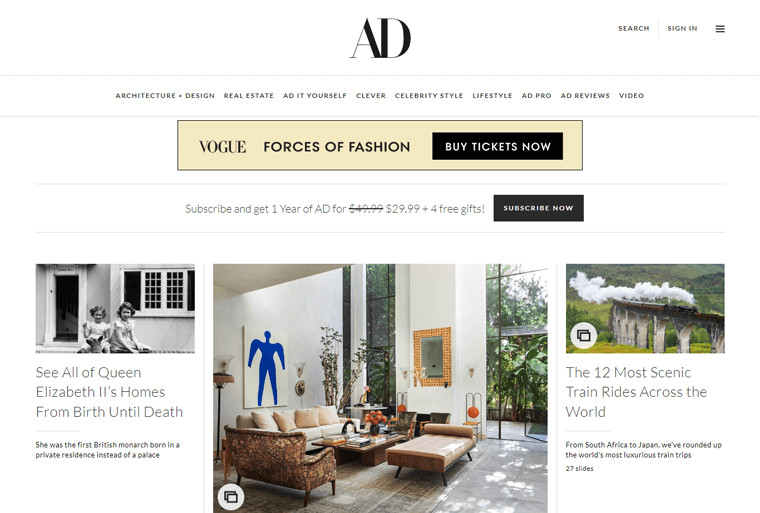Architectural Digest - Exemples de sites Web de magazines