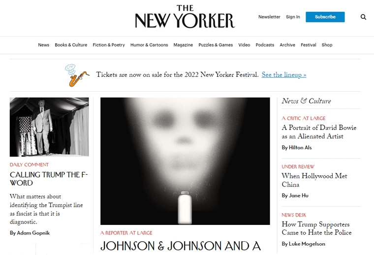 Le site Web du magazine d'actualités politiques et culturelles du New Yorker
