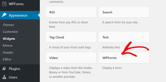 เลือกวิดเจ็ต WPForms