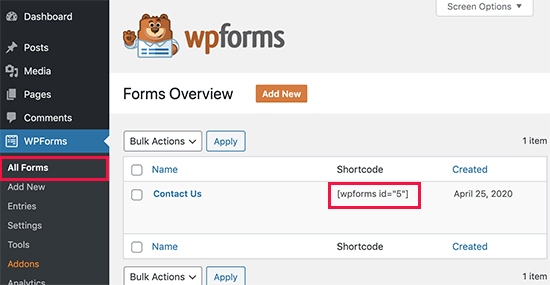 คัดลอกรหัสย่อ WPForms