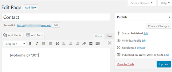 วางรหัสย่อ WPForms ไปที่หน้า