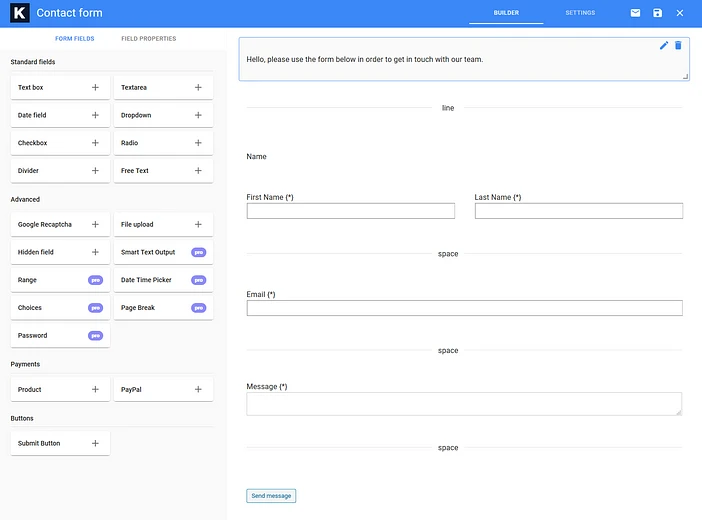interface de l'éditeur de formulaire kali