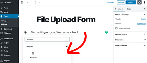 pilih widget wpform