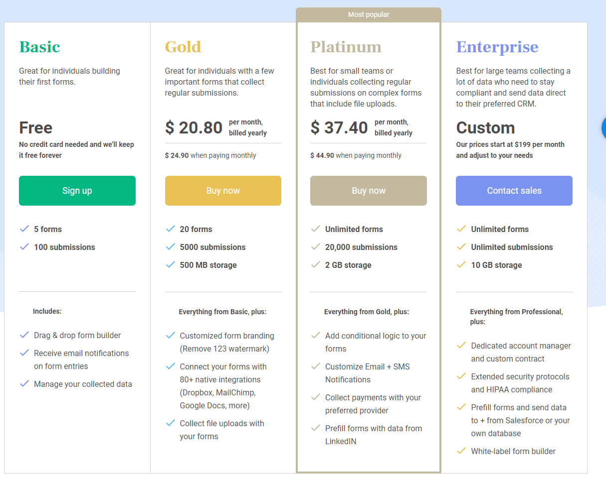 Тарифные планы 123formbuilder