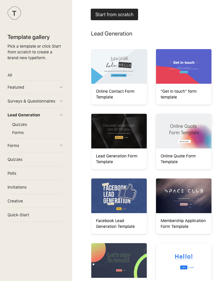 Галерея шаблонов Typeform