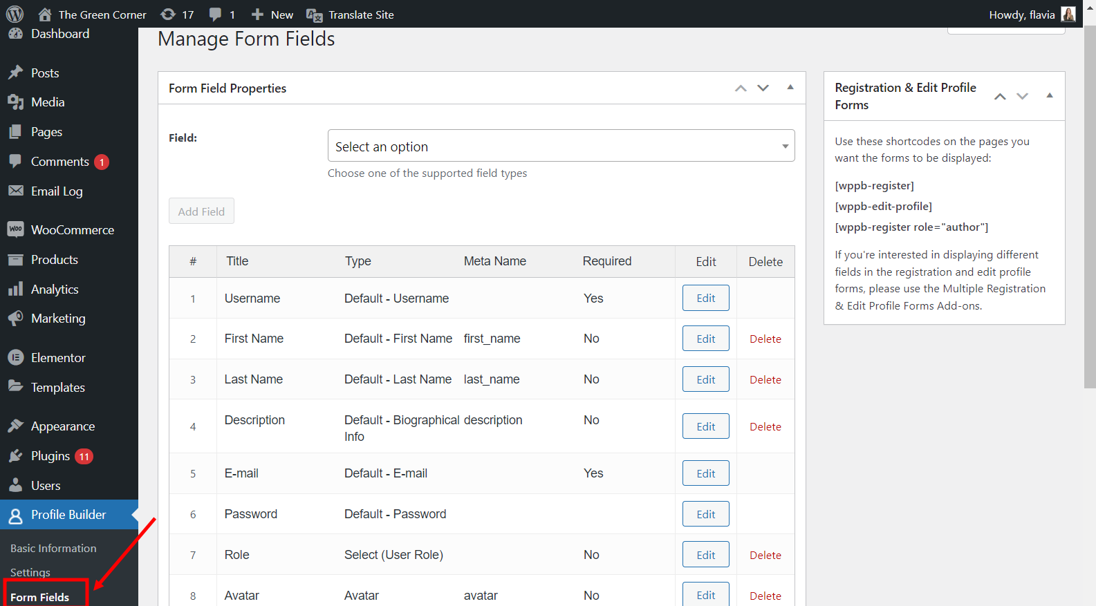 إدارة حقول نموذج Profile Builder