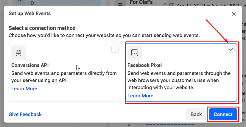 faceți clic pe „Facebook Pixel” și alegeți „Conectați”