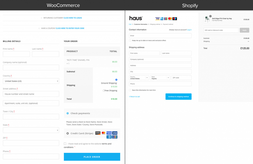 ShopifyとWooCommerceのチェックアウトページ