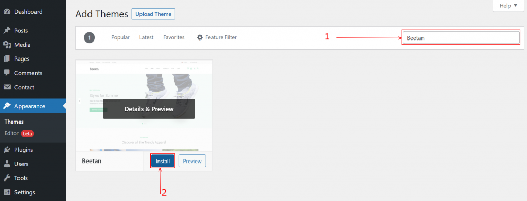 Buscar Beetan en el repositorio de temas de WordPress