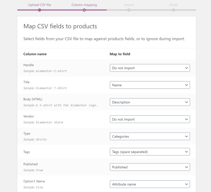 petakan bidang CSV di WooCommerce