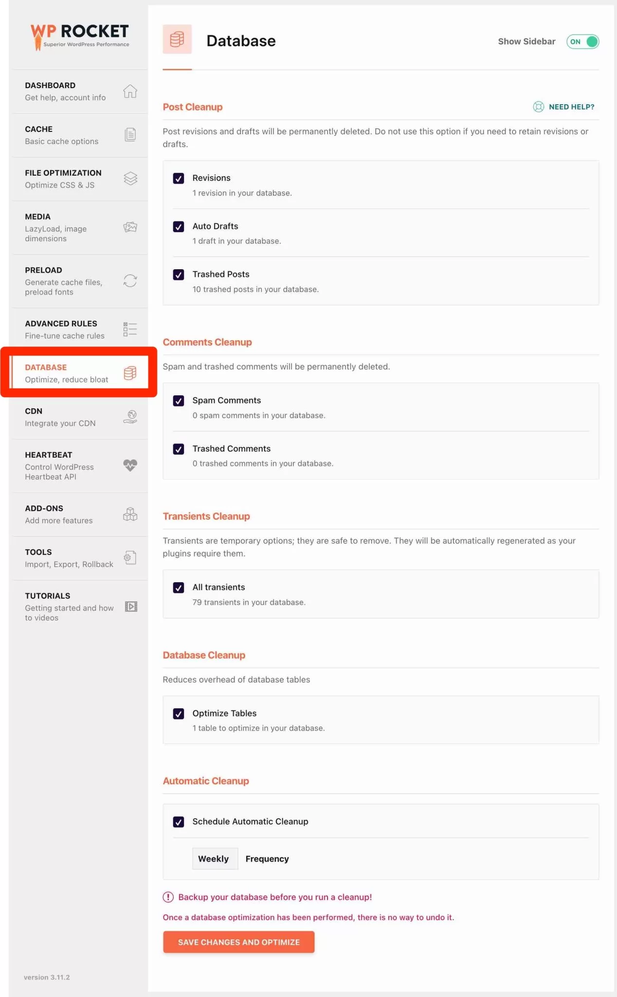 WP Rocket의 데이터베이스 탭.