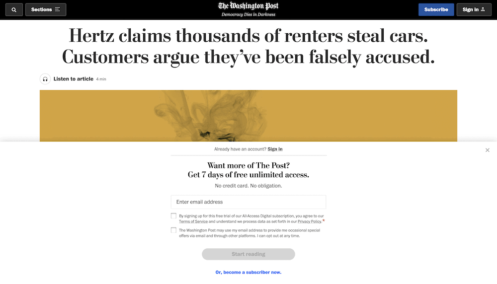 コンテンツの無料トライアルを提供するペイウォールが設置されていることを示す、ワシントン・ポストの Web サイト。
