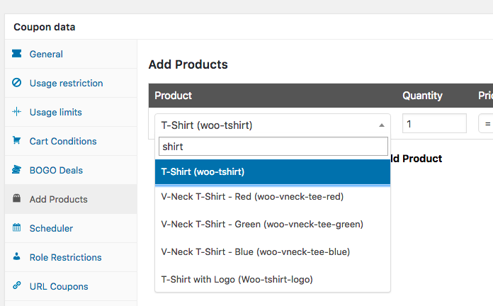 Aggiungi interfaccia prodotto - Coupon avanzati Add Product Interface