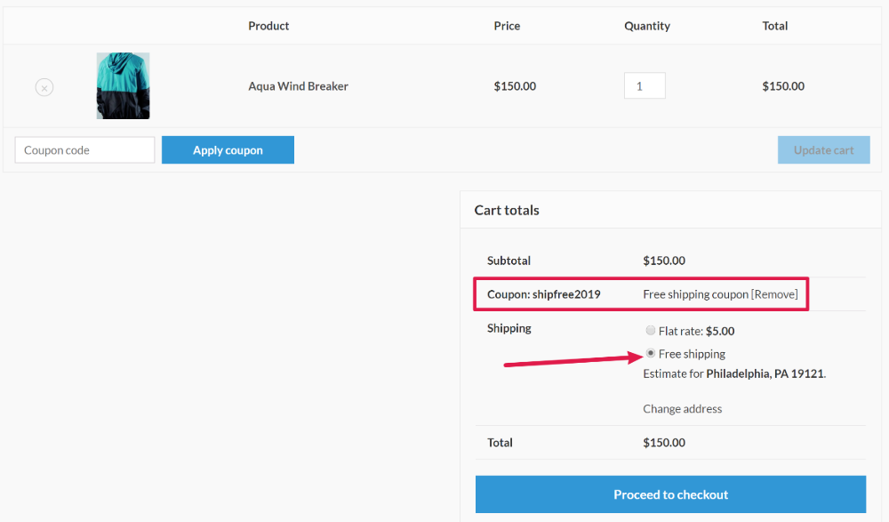 ตัวอย่างคูปองการจัดส่งฟรีของ WooCommerce - คูปองขั้นสูง Example of WooCommerce free shipping coupon