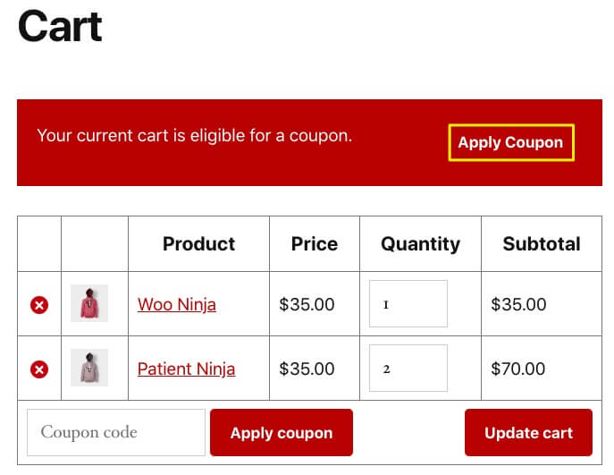 cart-example - Cupones avanzados Viewing an example cart that uses one-click apply notifications for a coupon.