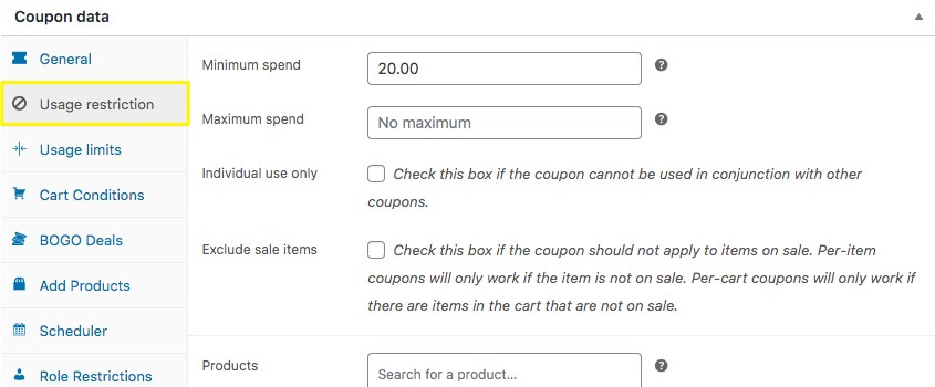 Restricciones - Cupones Avanzados Configuring the usage restrictions for a new coupon.