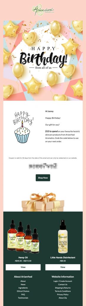 Arianrhod-Aromatics-Cumpleaños-Regalo-Email-1 - Cupones avanzados Birthday gift coupon