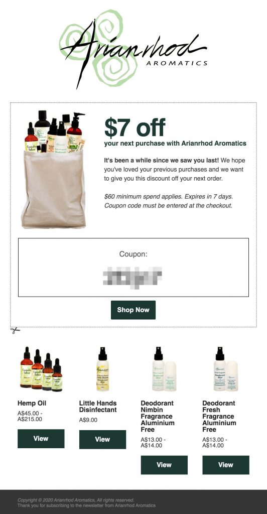 Arianrhod-Aromatics-Re-Engagement-Sequence-Email - Cupones avanzados Re-engagement campaign